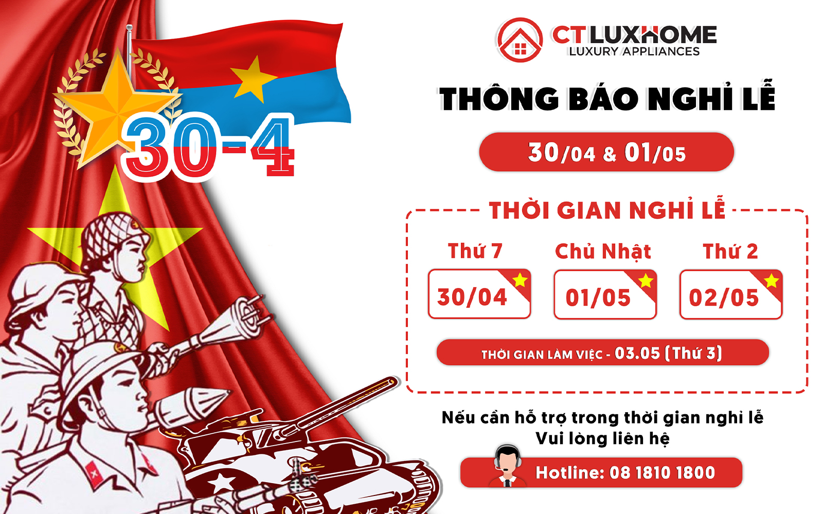 CT LUXHOME THÔNG BÁO LỊCH NGHỈ LỄ 30/4 & 1/5/2022