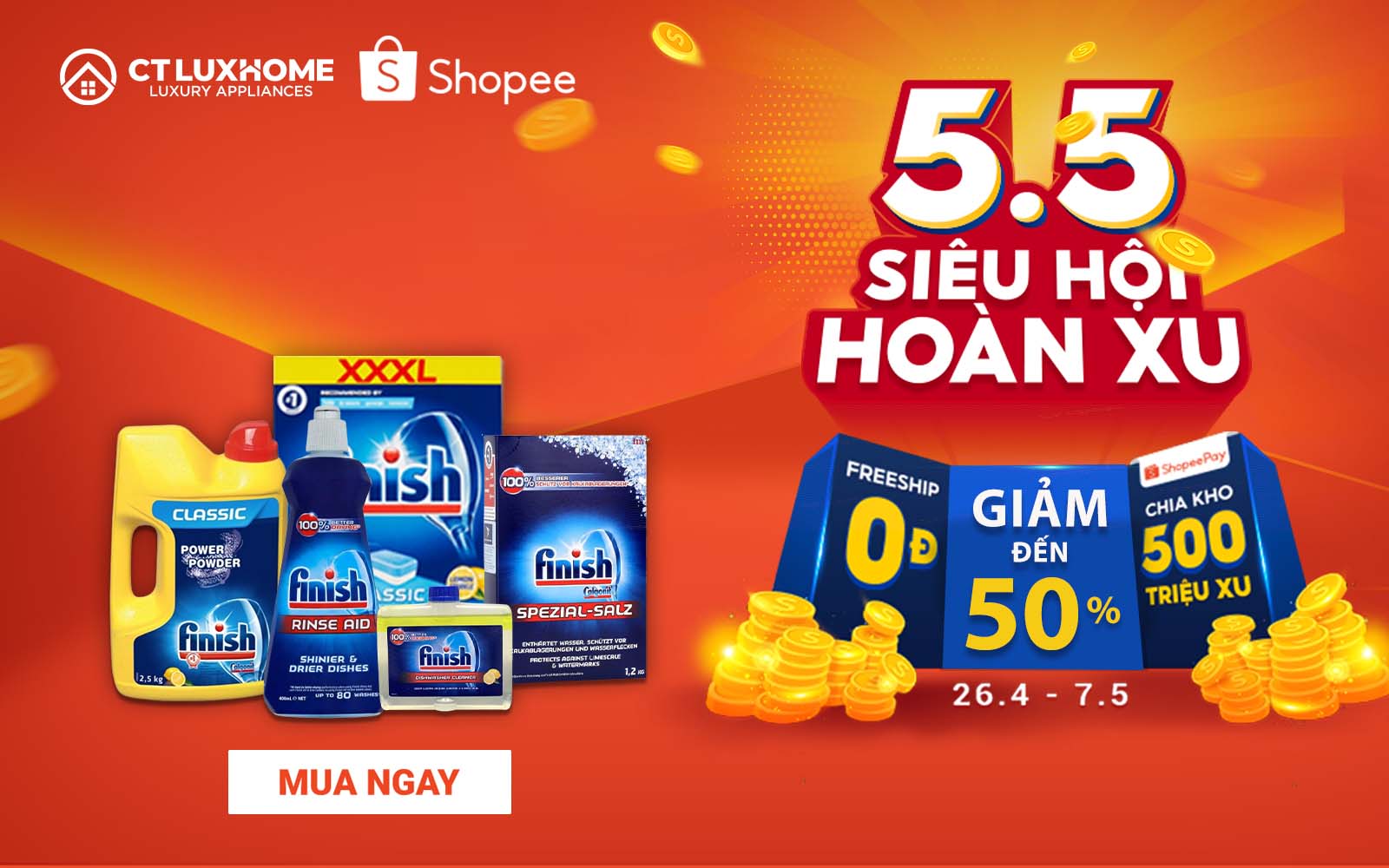 CTLUXHOME x SHOPEE:  SIÊU SALE 05.05 - SIÊU HỘI HOÀN XU, GIẢM ĐẾN 50%