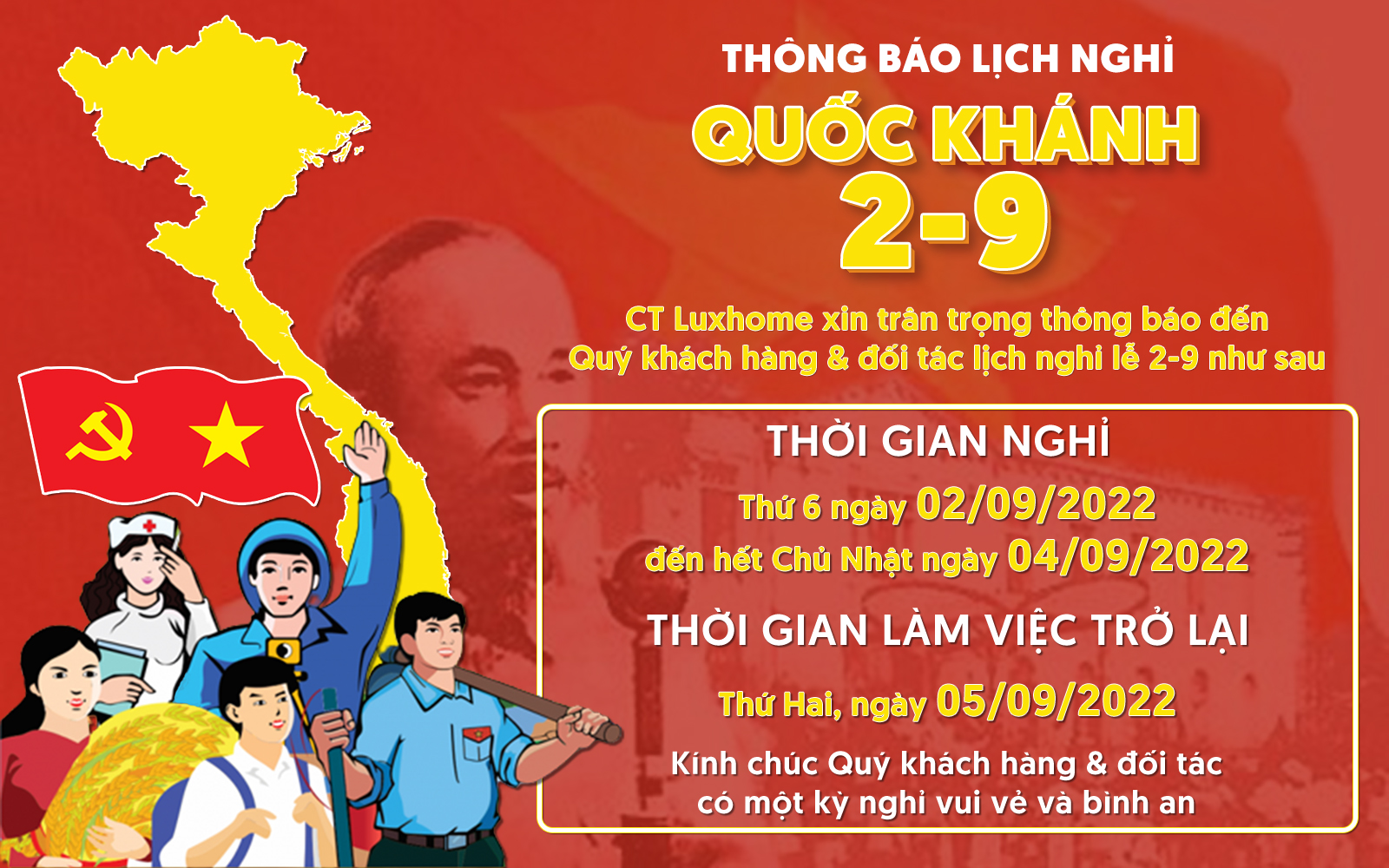 CT LUXHOME THÔNG BÁO LỊCH NGHỈ LỄ QUỐC KHÁNH 2/9/2022