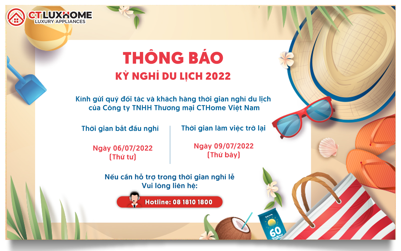 CT LUXHOME THÔNG BÁO LỊCH NGHỈ DU LỊCH TOÀN CÔNG TY 2022