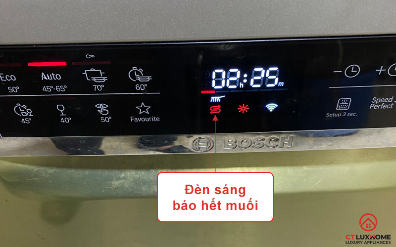 Ký hiệu hết muối trên máy rửa bát Bosch