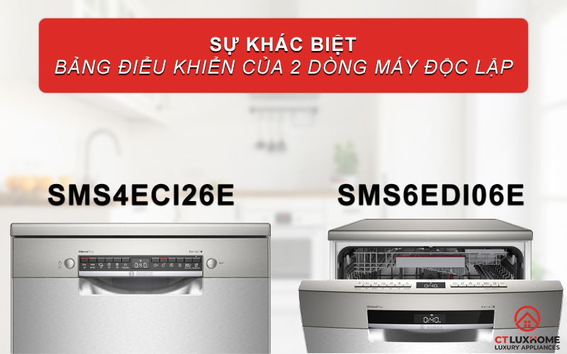 Bảng điều khiển SMS6EDI06E giống máy rửa bát serie 8. Mới mẻ và hiện đại hơn so với SMS4ECI26E.