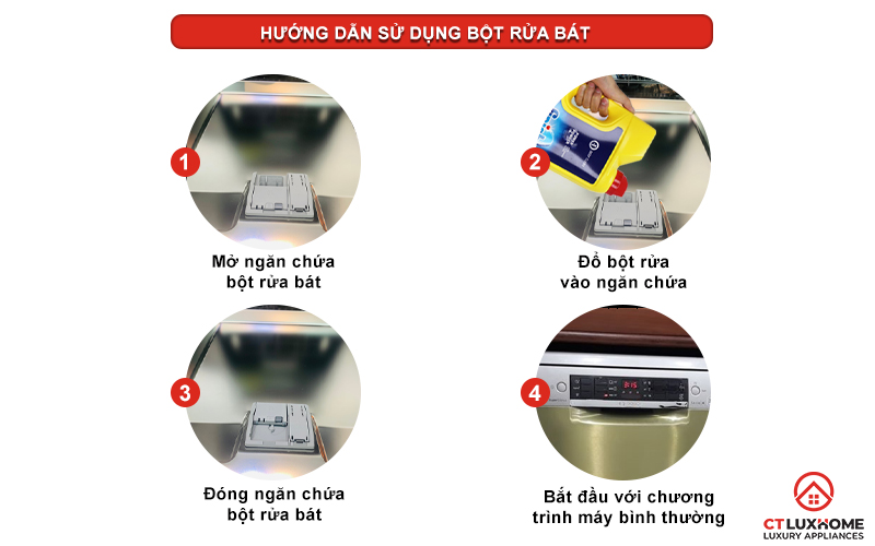 Cách sử dụng bột rửa bát đúng khuyến cáo từ nhà sản xuất.