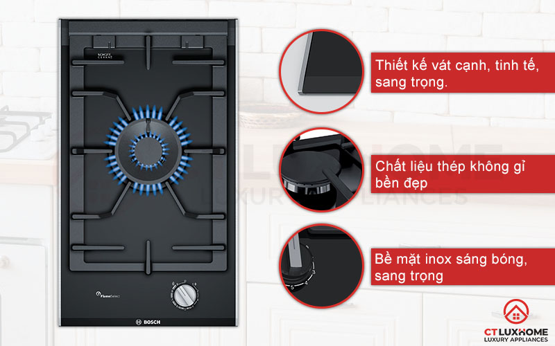 Bếp ga Bosch PRA3A6B90 thiết kế viền nhôm chắc chắn, bề mặt sáng bóng.