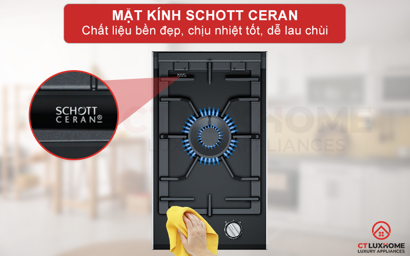 Mặt kính Schott Ceran bền đẹp, chịu nhiệt tốt và dễ lau chùi.