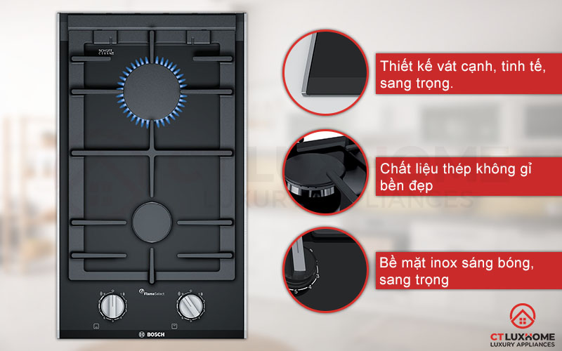 Bếp ga Bosch PRB3A6B90 thiết kế viền nhôm chắc chắn, bề mặt sáng bóng.