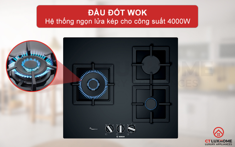 Đầu đốt WOK với hệ thống ngọn lửa kép giúp nấu nướng nhanh chóng.