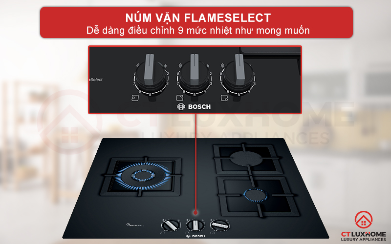 3 núm vặn FlameSelect dễ dàng điều chỉnh 9 mức độ nhiệt như mong muốn.