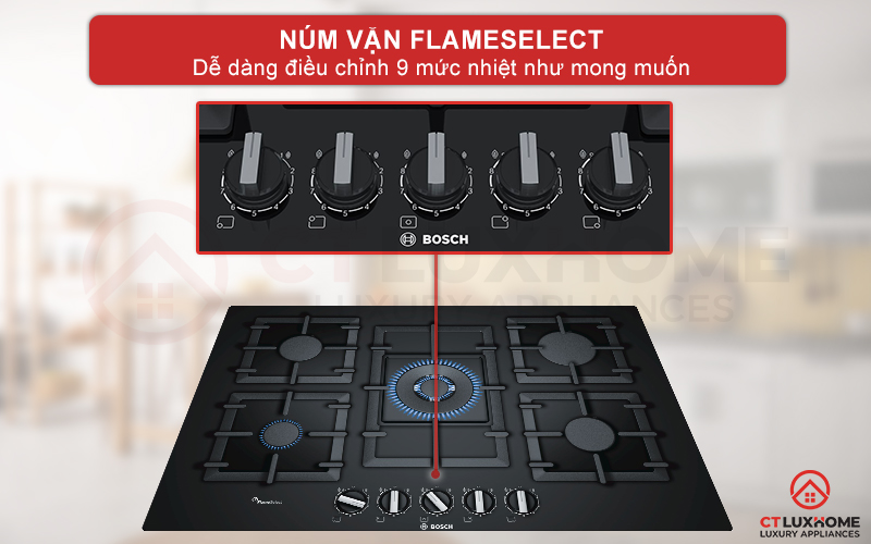 5 núm vặn FlameSelect dễ dàng điều chỉnh 9 mức độ nhiệt như mong muốn.