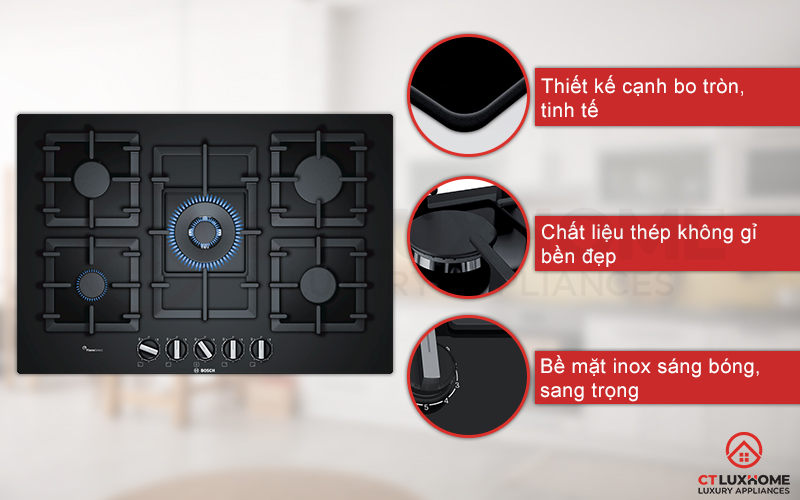 Bếp gas Bosch PPQ7A6B90 thiết kế lắp âm sang trọng, chất liệu thép không gỉ bền đẹp