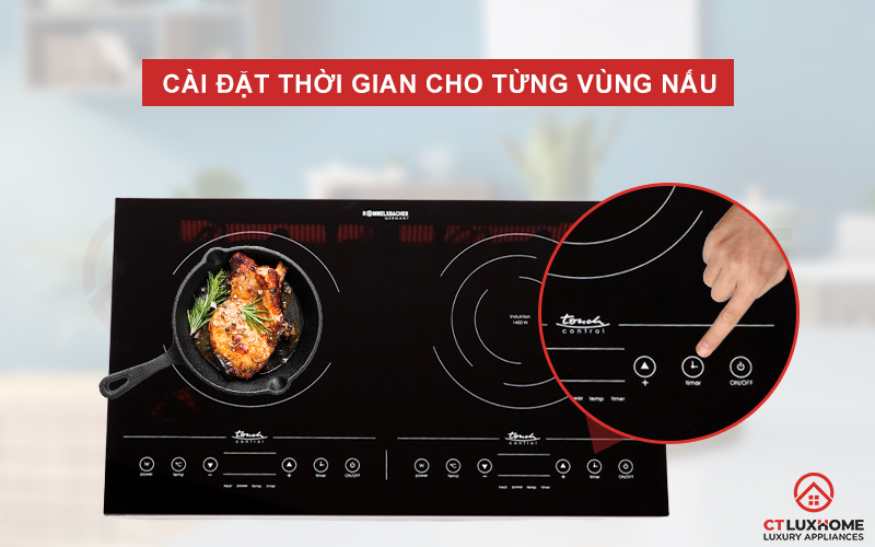 Lựa chọn cài đặt thời gian cho từng vùng nấu ngay trên bếp từ Rommelsbacher CT 3410/IN.