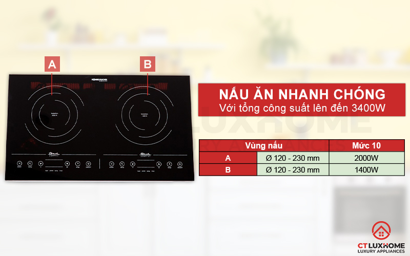 Bếp từ Rommelsbacher CT 3410/IN nấu ăn nhanh với tổng công suất 3400W.