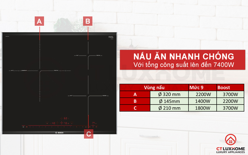 Tổng công suất lên đến 7400W giúp bạn nấu ăn nhanh chóng hơn.