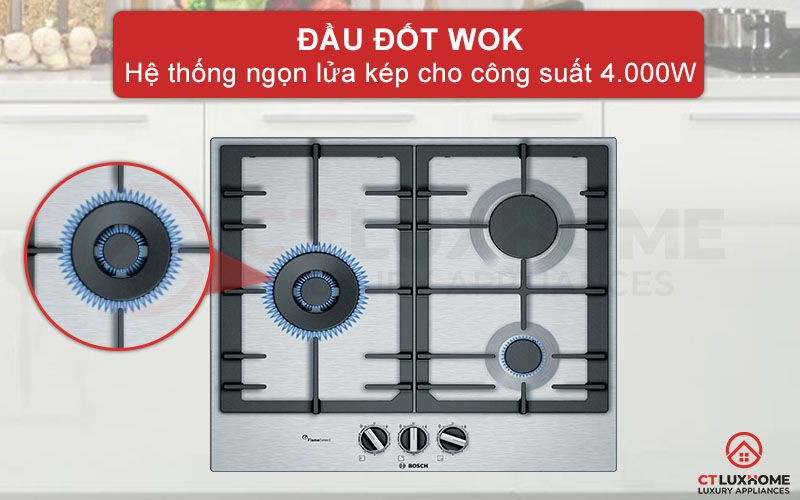 Đầu đốt WOK với hệ thống ngọn lửa kép giúp nấu nướng nhanh chóng.