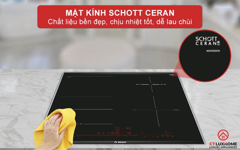 Mặt kính Schott Ceran bền đẹp, khả năng chịu nhiệt tốt và dễ lau chùi.