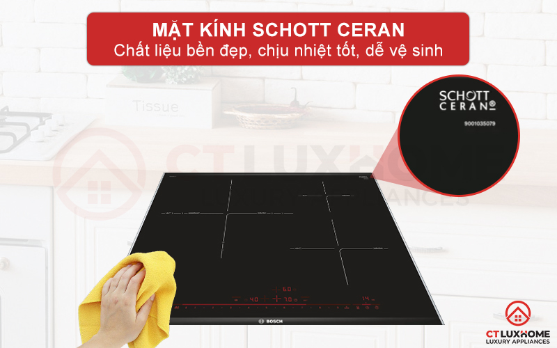 Kính Schott Ceran độ chịu lực và chịu nhiệt tốt, dễ lau chùi vệ sinh.