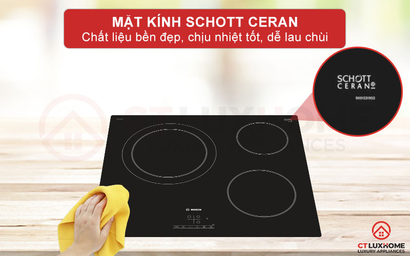 Mặt kính Schott Ceran bền đẹp, chịu nhiệt cao và dễ lau chùi vệ sinh.