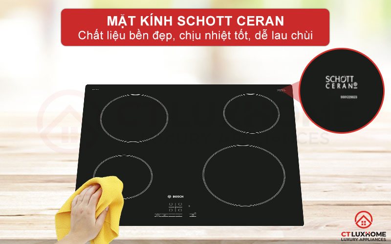 Mặt kính Schott Ceran với chất liệu bền đẹp, chịu nhiệt tốt và dễ lau chùi.