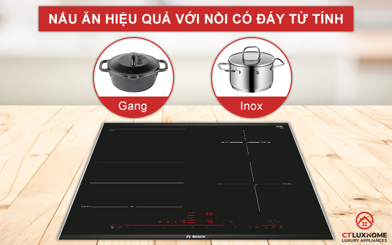Lựa chọn nồi chảo có đáy từ tính để có thể nấu nướng trên bếp từ Bosch PXE675DC1E.
