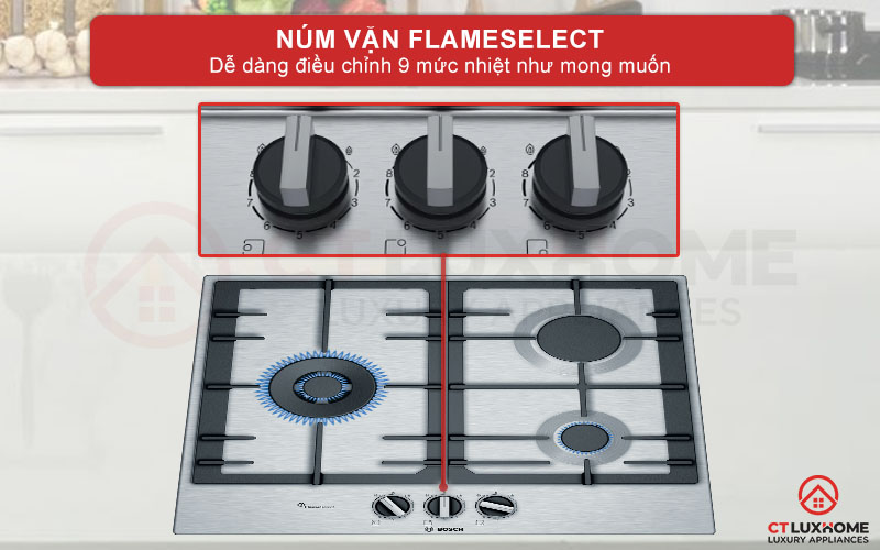 3 núm vặn FlameSelect dễ dàng điều chỉnh 9 mức độ nhiệt như mong muốn.