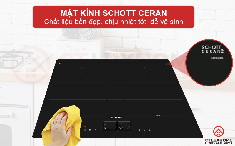 Mặt kính Schott Ceran có chất liệu bền đẹp, chịu nhiệt tốt, dễ lau chùi.