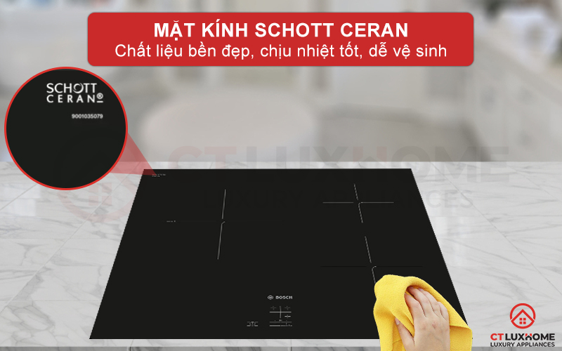 Mặt kính Schott Ceran bền đẹp, chịu nhiệt tốt và dễ vệ sinh.