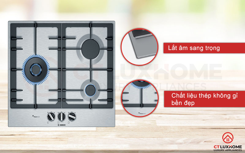 Bếp gas Bosch PCC6A5B90 thiết kế lắp âm sang trọng, chất liệu thép không gỉ bền đẹp.