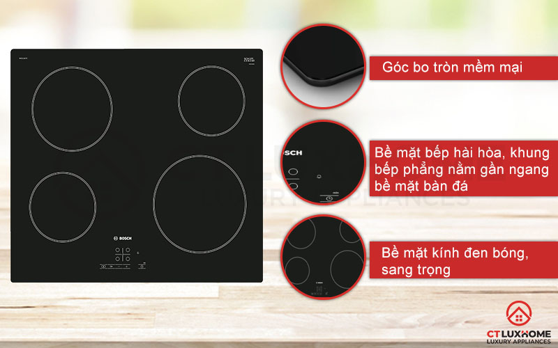 Bếp điện Bosch PKE611B17E thiết kế góc bo cong, bề mặt kính đen bóng đẹp.
