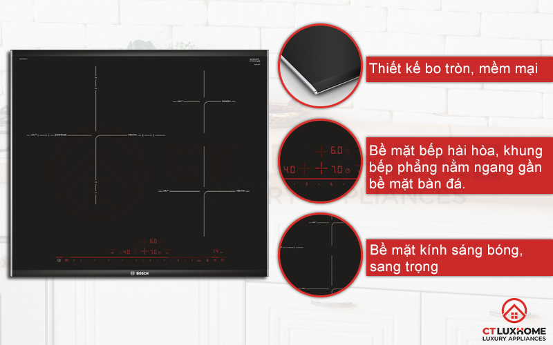 Bếp từ Bosch PID775DC1E được thiết kế vát cạnh tinh tế, bề mặt sáng bóng.