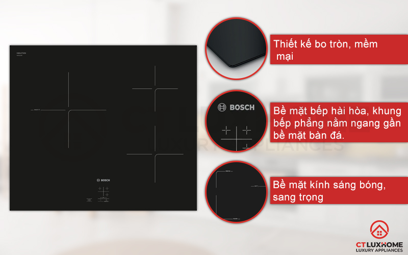 Thiết kế góc bo tròn mềm mại, bề mặt bếp hài hòa.