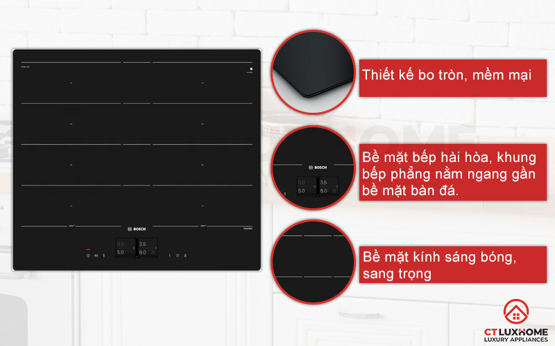 Bếp từ Bosch PXY601JW1E được thiết kế góc bo tròn, bề mặt bếp hài hòa.