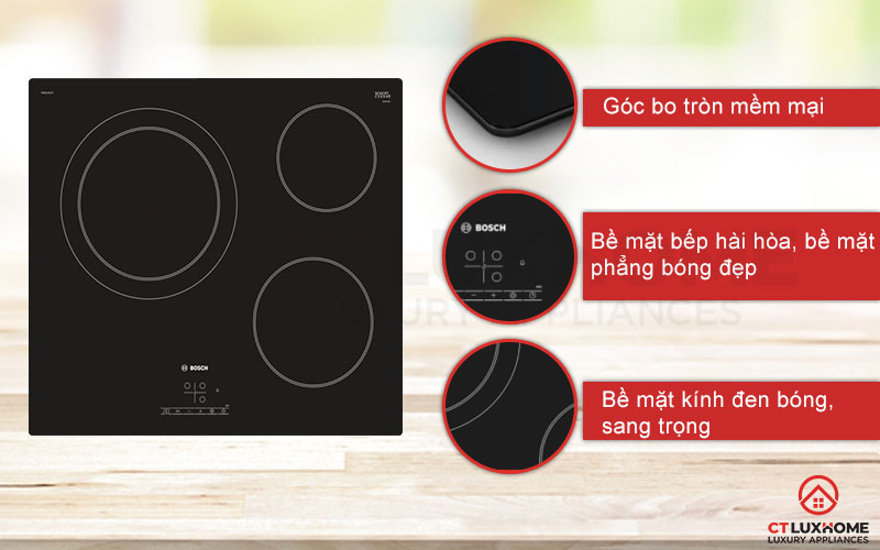Bếp điện Bosch PKK611B17E thiết kế góc bo tròn, bề mặt kính đen bóng đẹp.