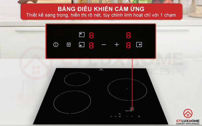 Bếp từ Electrolux E6203IOK với bảng điều khiển cảm ứng rõ nét, sử dụng linh hoạt