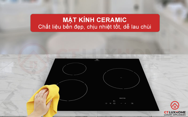 Bếp từ Electrolux E6203IOK có mặt kính Ceramic chịu nhiệt tốt, độ bền cao