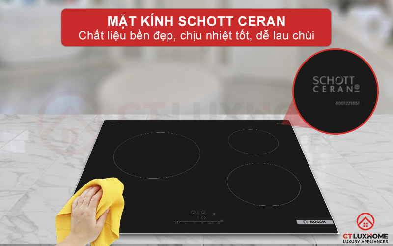 Bếp từ Bosch PUC611BB5E được trang bị mặt kính Schott Ceran, với chất liệu chính từ gạch Ceramic