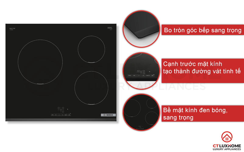Thiết kế bo tròn tinh tế, bề mặt bếp đen sáng bóng