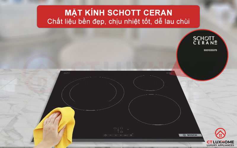 Mặt kính bếp từ Bosch PUJ631BB5E  được trang bị kính Schott Ceran, với chất liệu chính từ gạch Ceramic kết hợp với gốm sứ Schott
