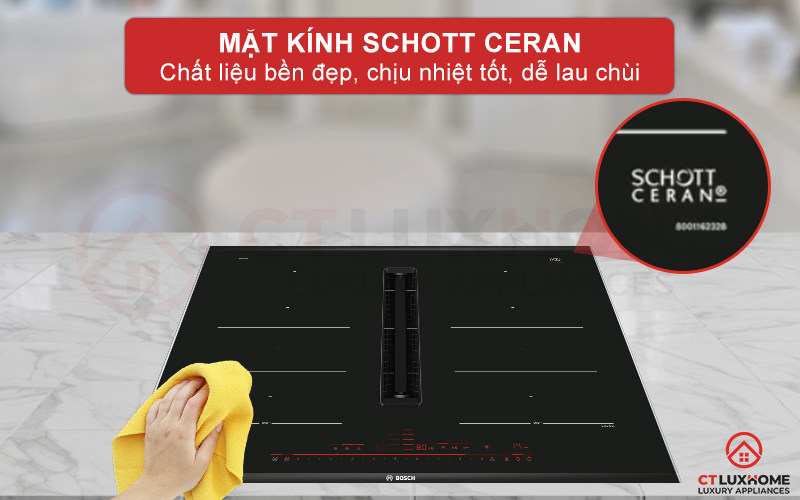 Mặt kính bếp từ Bosch PXX875D67E được trang bị kính Schott Ceran, chất liệu chính là gạch Ceramic
