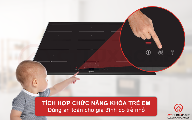 Tính năng khóa các chương trình để tránh trẻ em vô tình kích hoạt bếp gây nguy hiểm.
