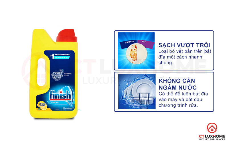 Tính năng vượt trội của Bột rửa bát Finish Lemon 1kg hương chanh