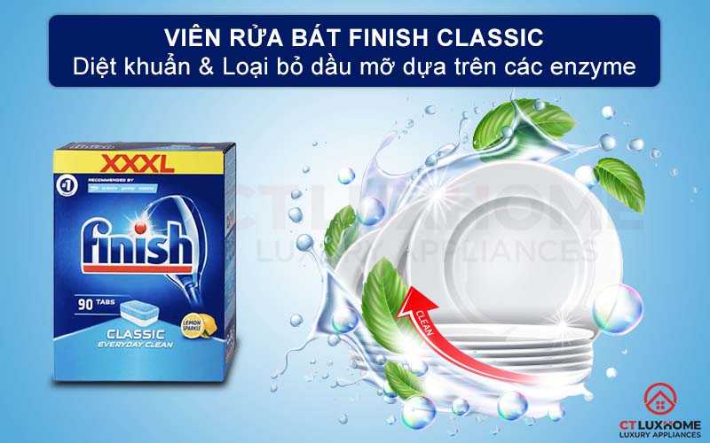 Viên rửa bát Finish Classic 90 viên đánh bay mọi vết dầu mỡ dựa trên các enzyme đặc biệt