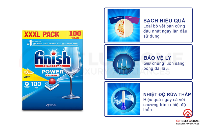 Tính năng vượt trội của viên rửa chén bát Finish Essential 100 viên