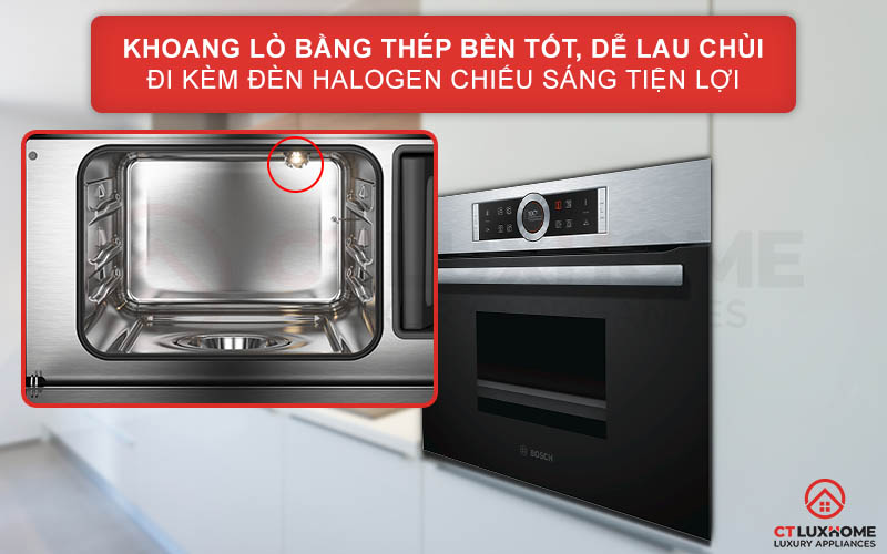 Khoang lò được làm bằng thép không gỉ bền tốt, dễ lau chùi đi kèm đèn Halogen chiếu sáng tiện lợi