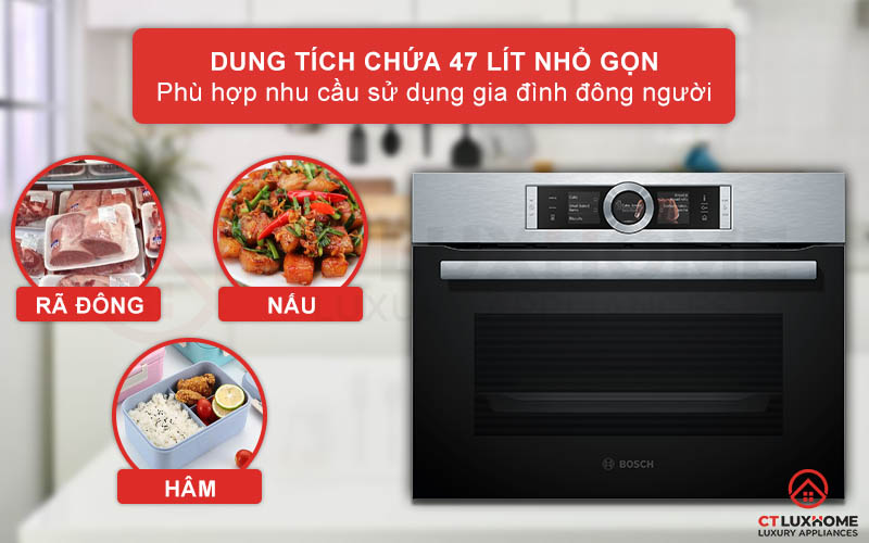Thể tích buồng nấu 47 lít và khay chứa nước lên đến 1 lít, thoải mái sử dụng cho gia đình đông người