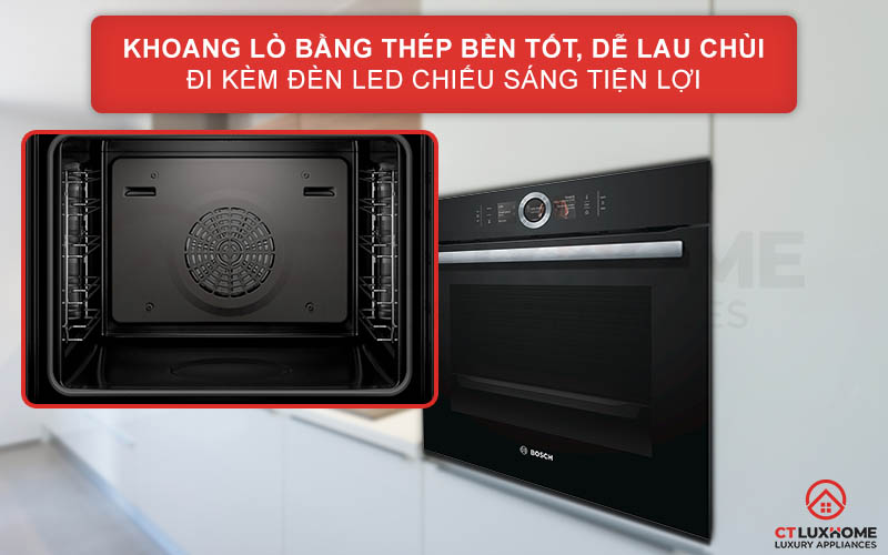 Khoang lò được làm bằng thép không gỉ bền tốt, dễ lau chùi đi kèm là đèn LED chiếu sáng cho khoang lò tiện lợi