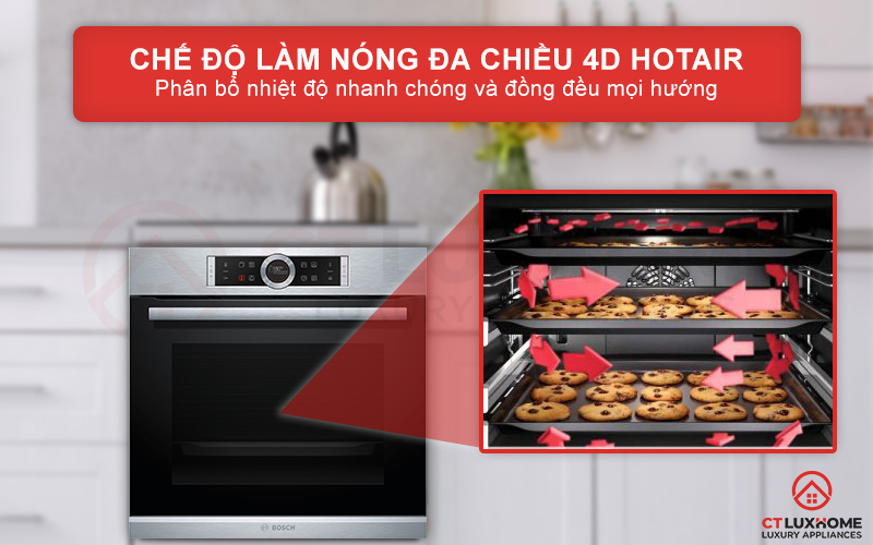 Chế độ nướng 4D Hot Air phân bổ nhiệt đồng đều mọi phía và mọi cấp độ