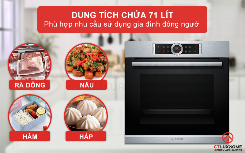 Dung tích chứa 71 lít giúp bạn thoải mái nướng và hấp thực phẩm