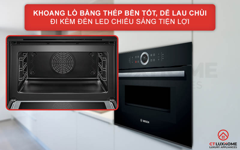 Khoang lò bằng thép không gỉ giúp bền bỉ, chịu nhiệt tốt và dễ lau chùi hơn