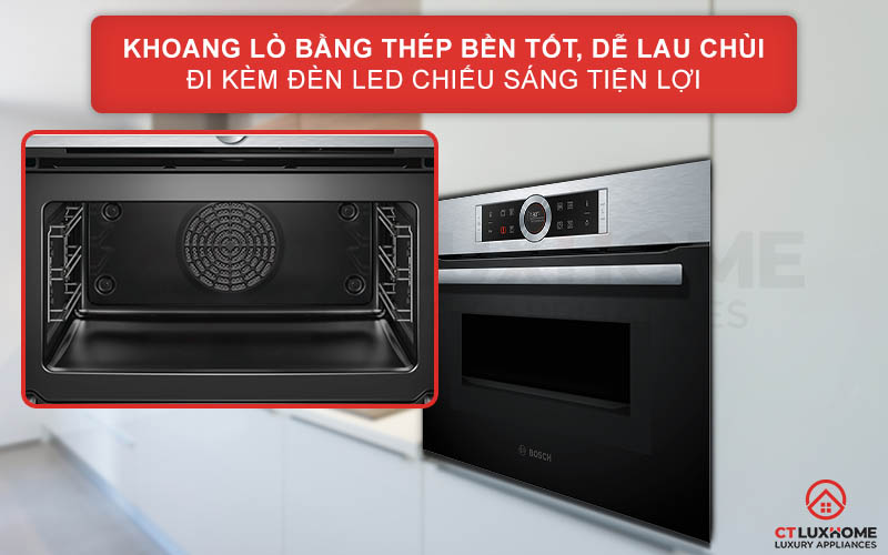Khoang lò vi sóng Bosch CMG633BS1B với chất liệu thép không gỉ, bền tốt và dễ lau chùi