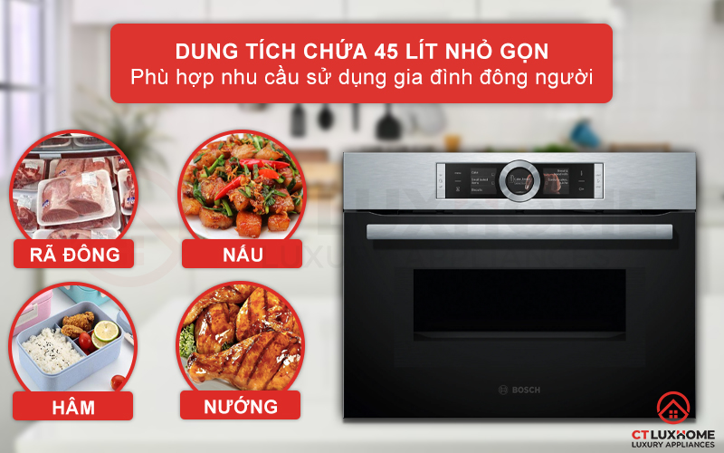 Dung tích lò 45 lít thoải mái sử dụng cho việc nướng, hâm nóng,...